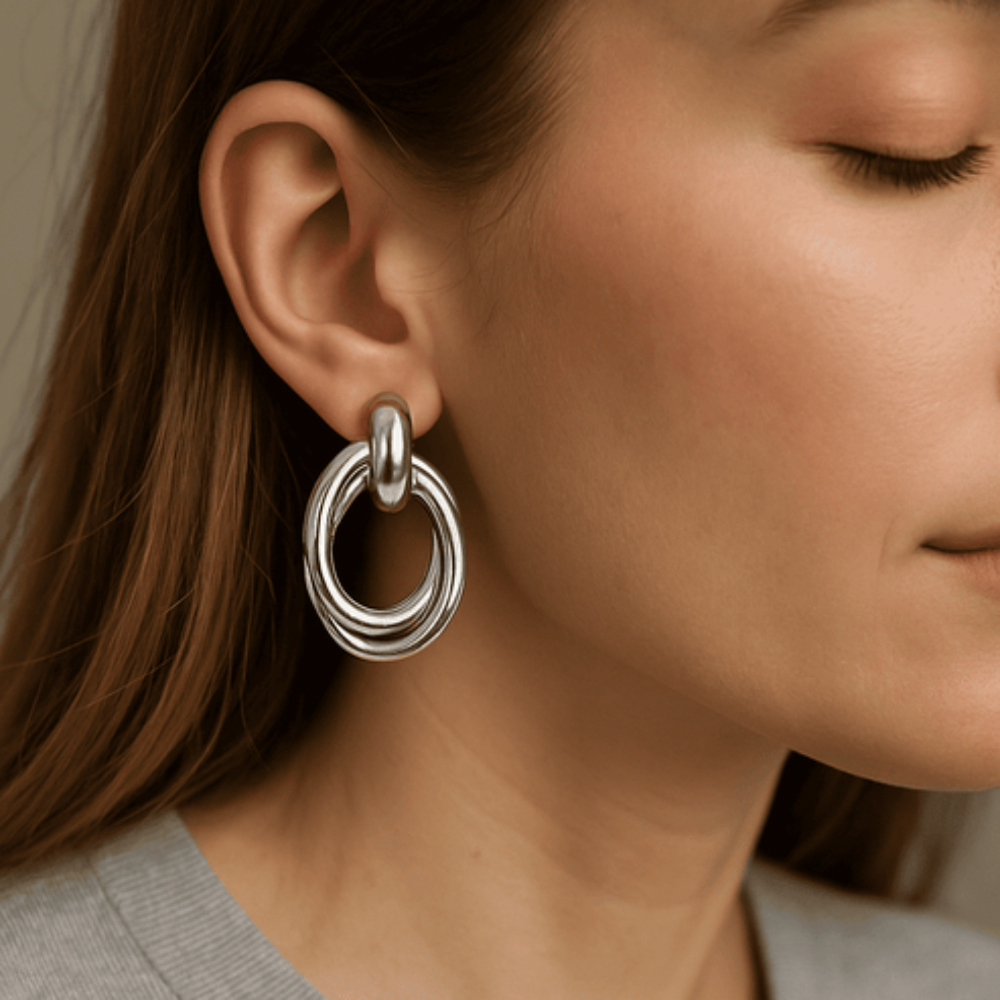 Boucles d’Oreilles Créoles Doubles Entrelacées Argentées en Acier Inoxydable