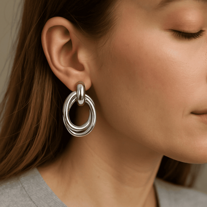 Boucles d’Oreilles Créoles Doubles Entrelacées Argentées en Acier Inoxydable